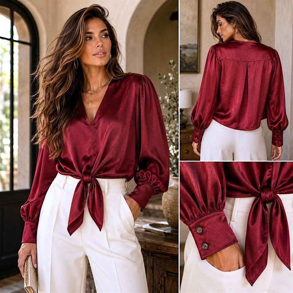 Karen Kane Satin L Romantic Mob Wife Blouse Red Holiday Evening Chic Old Money